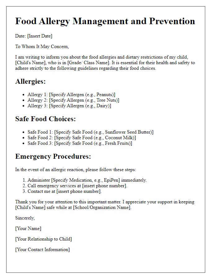 Letter template of food choices for allergy management and prevention.