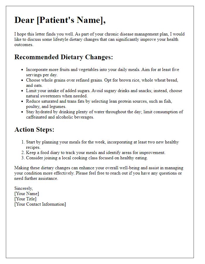 Letter template of lifestyle dietary changes for chronic disease management.