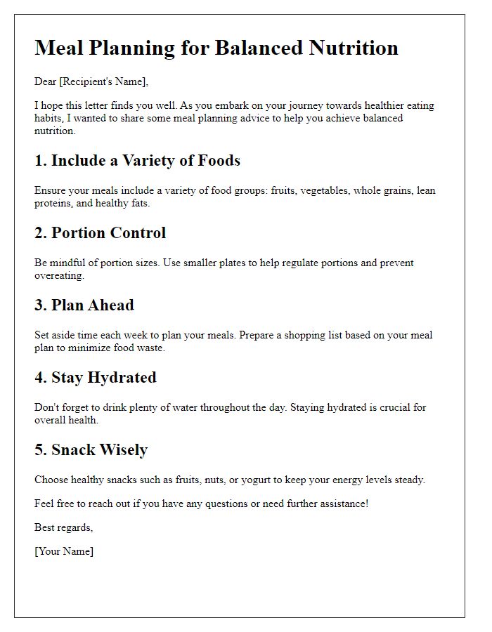 Letter template of meal planning advice for balanced nutrition.