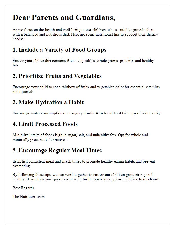 Letter template of nutritional tips for pediatric dietary needs.