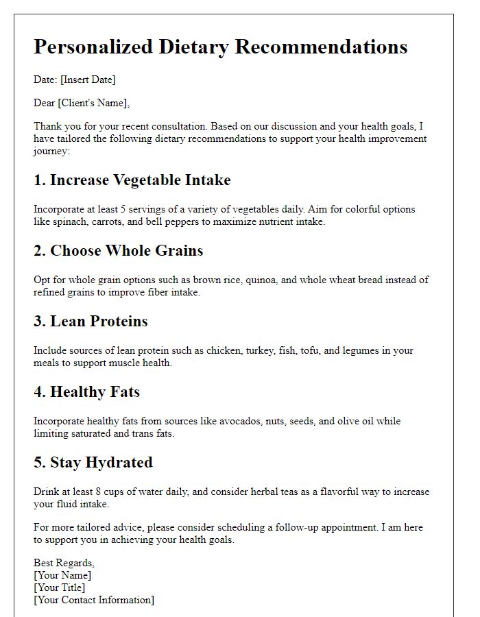 Letter template of personalized dietary recommendations for health improvement.