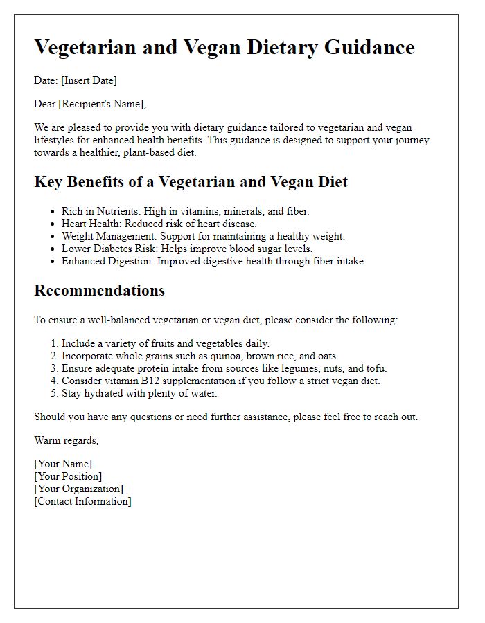 Letter template of vegetarian and vegan dietary guidance for health benefits.