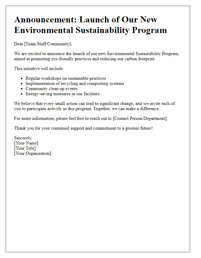 Letter template of an announcement for a new environmental sustainability program