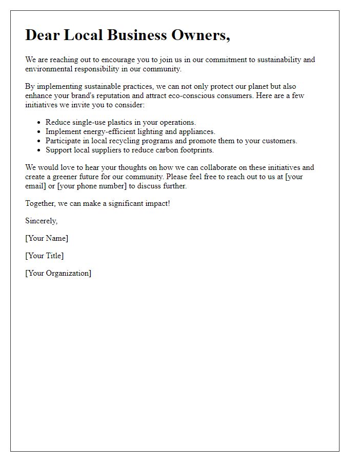 Letter template of a call to action for local businesses on sustainability initiatives