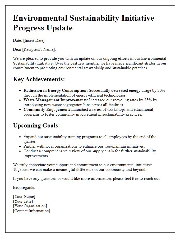 Letter template of an update on environmental sustainability initiative progress