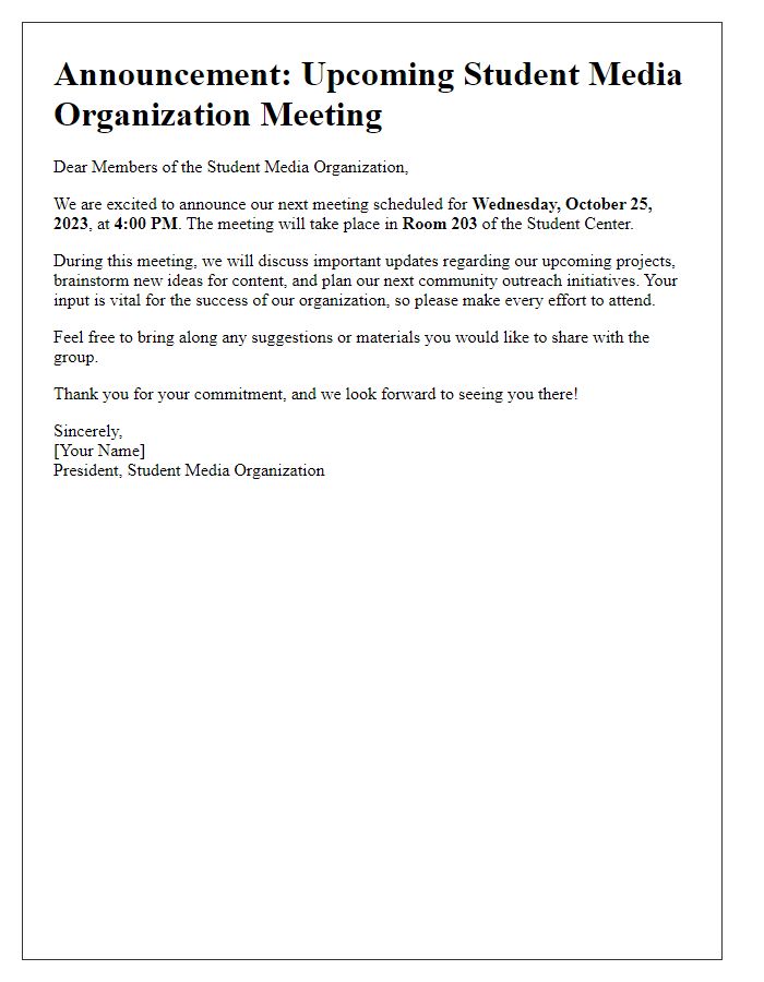 Letter template of announcement for a student media organization meeting