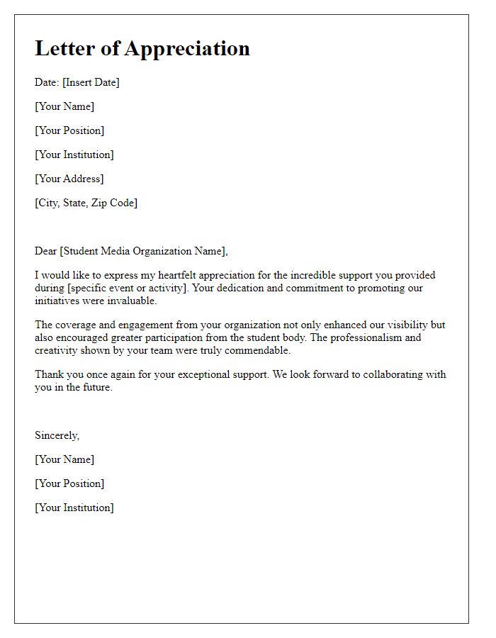 Letter template of appreciation for student media organization support