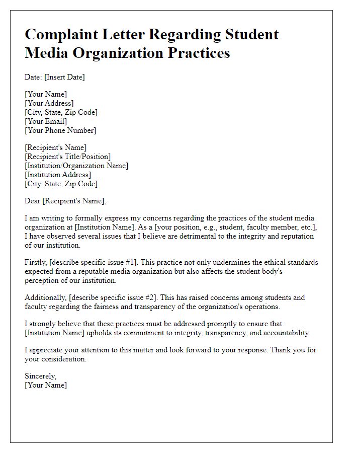 Letter template of complaint regarding student media organization practices