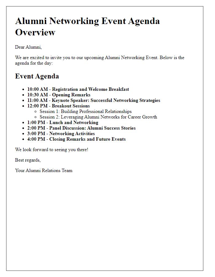 Letter template of agenda overview for alumni networking event