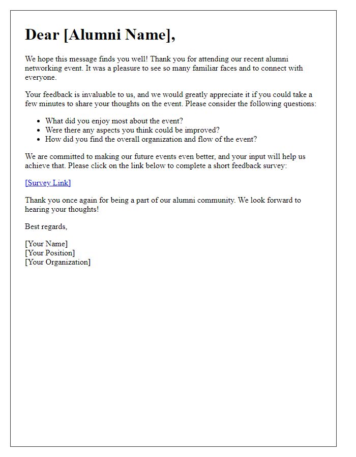 Letter template of feedback request post-alumni networking event