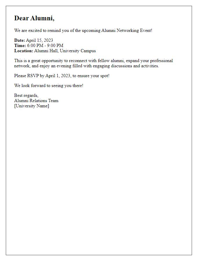 Letter template of reminder for upcoming alumni networking event