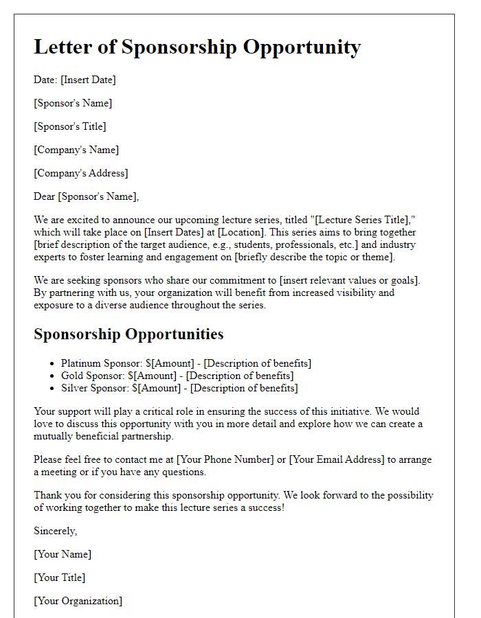 Letter template of sponsorship opportunity for a lecture series