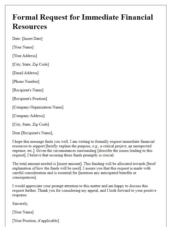 Letter template of formal request for immediate financial resources