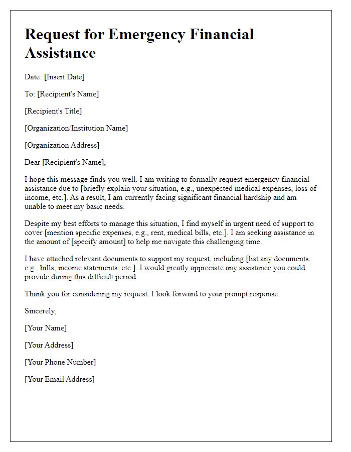 Letter template of request for emergency financial assistance