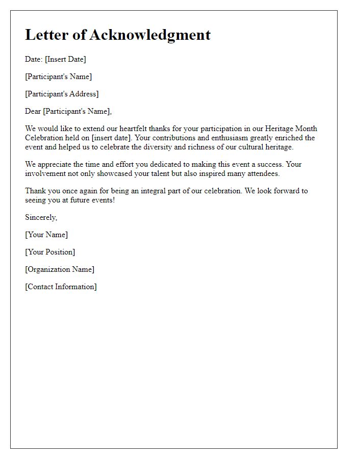 Letter template of acknowledgment to participants in heritage month celebration