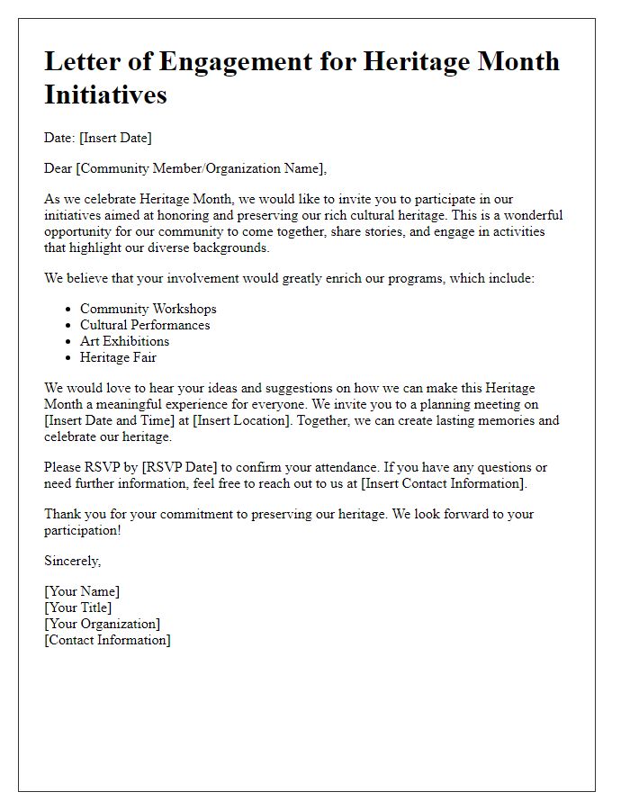 Letter template of community engagement for heritage month initiatives