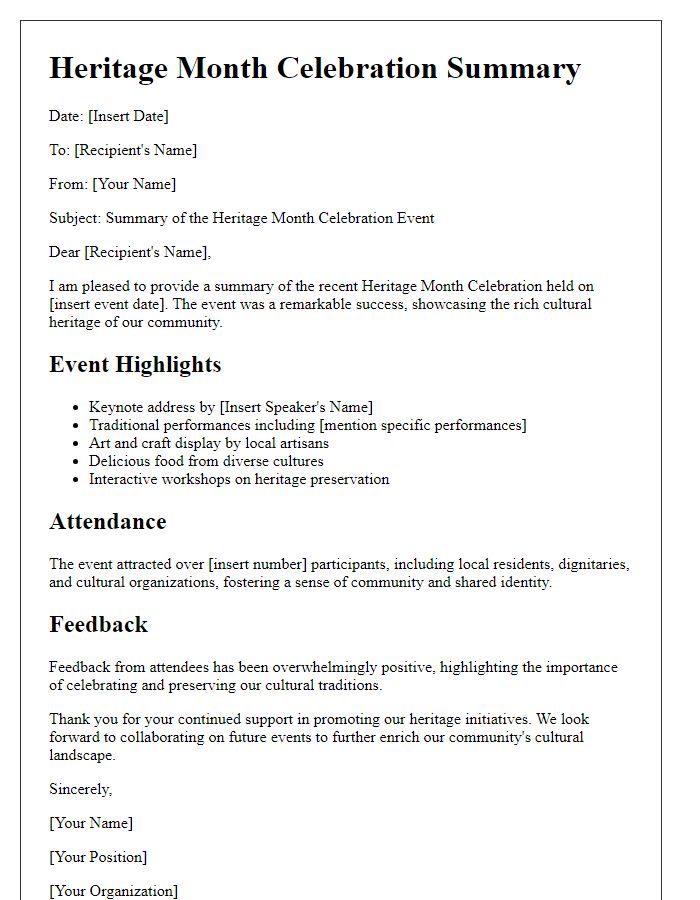 Letter template of event summary for heritage month celebration