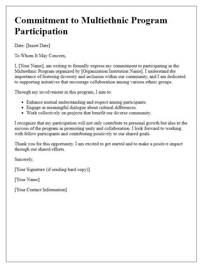 Letter template of commitment to multiethnic program participation