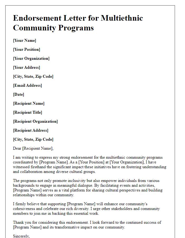 Letter template of endorsement for multiethnic community programs