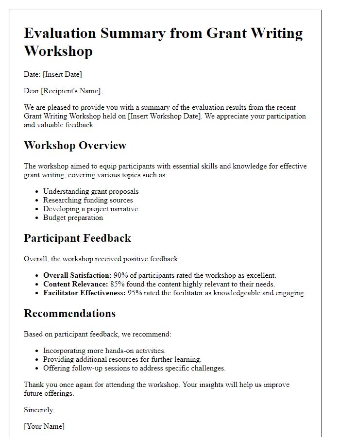 Letter template of evaluation summary from grant writing workshop