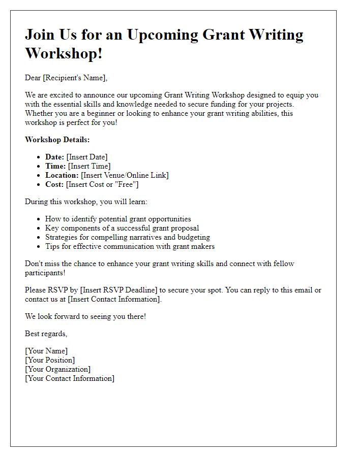 Letter template of promotional outreach for upcoming grant writing workshop