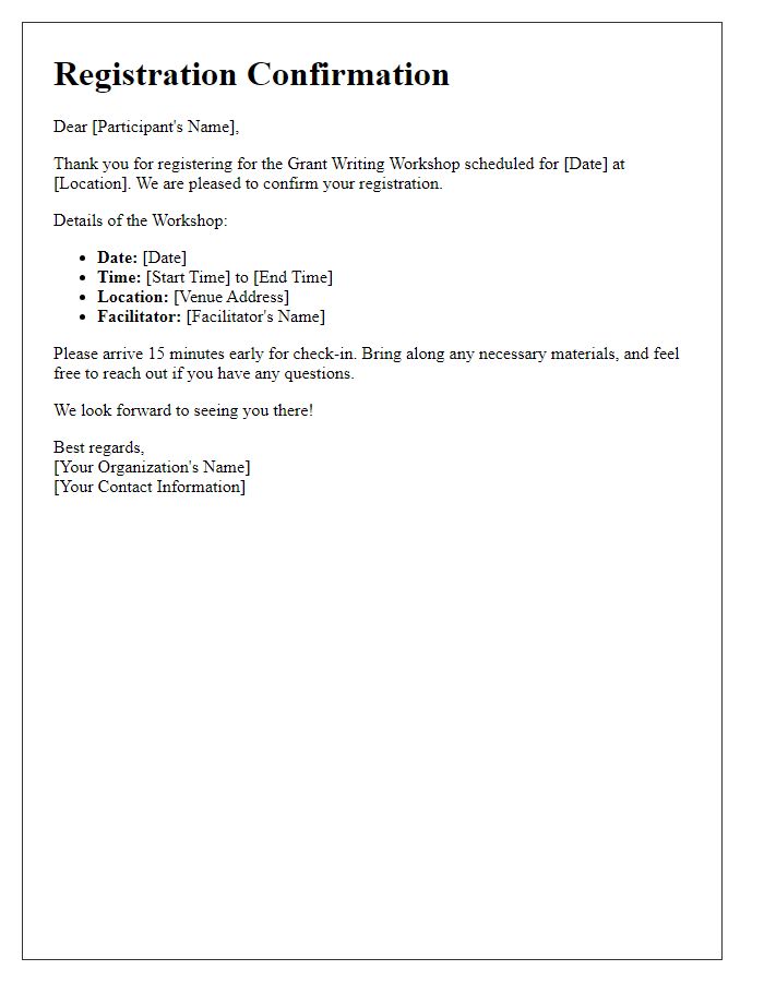 Letter template of registration confirmation for grant writing workshop