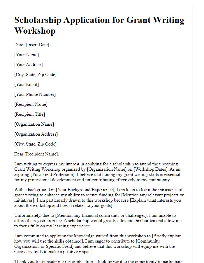 Letter template of scholarship application for grant writing workshop