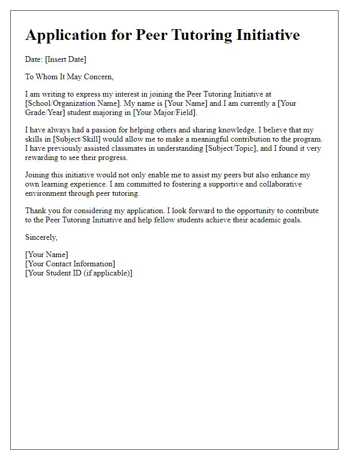 Letter template of application to join peer tutoring initiative