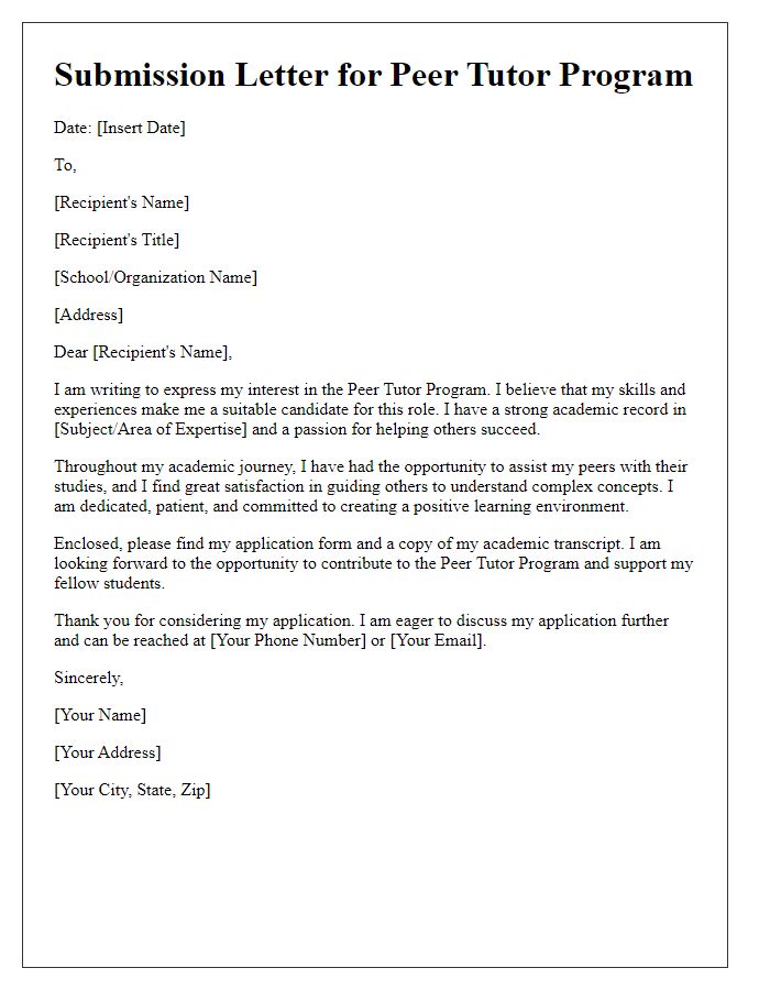 Letter template of submission for peer tutor program