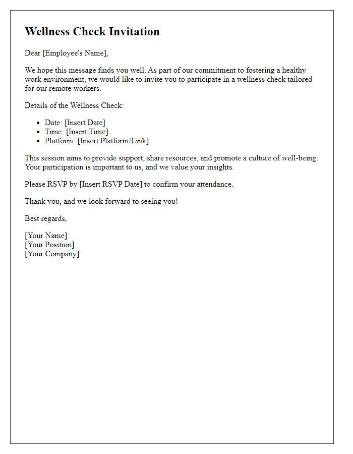 Letter template of wellness check invitation for remote workers