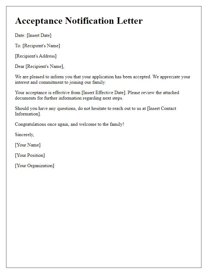 Letter template of acceptance notification for family members