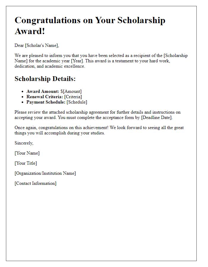 Letter template of scholarship award details for newly selected scholars