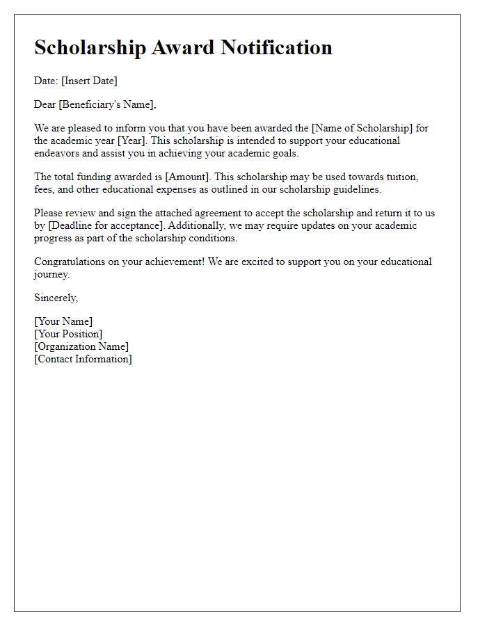 Letter template of scholarship funding award letter for beneficiaries