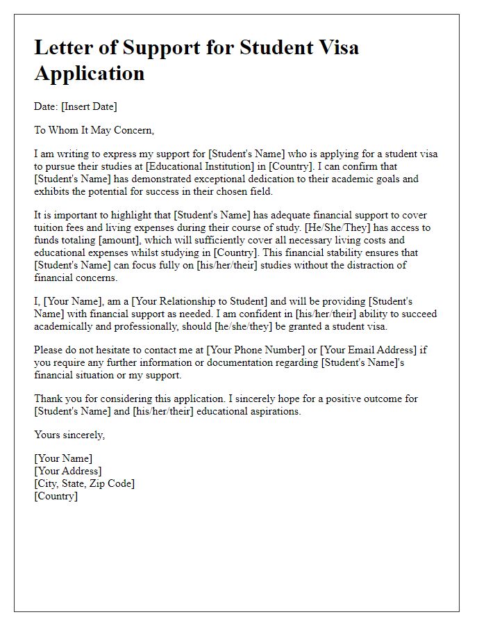 Letter template of support for student visa application addressing financial stability.