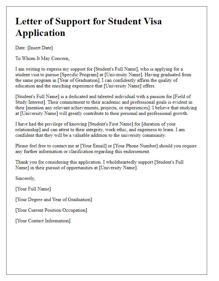 Letter template of support for student visa application from alumni.