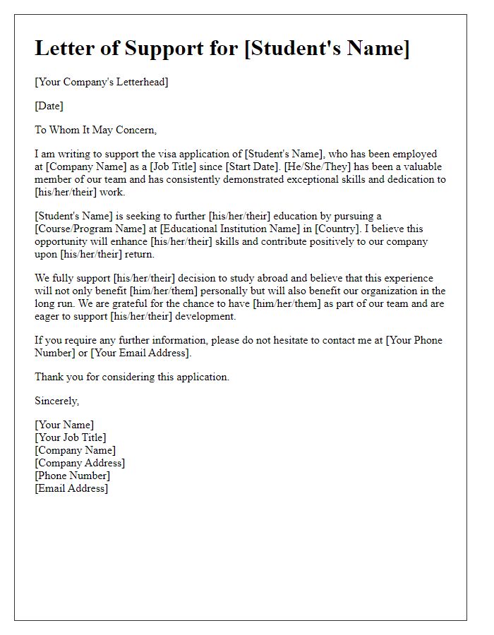 Letter template of support for student visa application from employers.