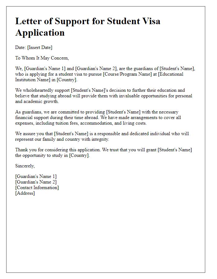 Letter template of support for student visa application from guardians.