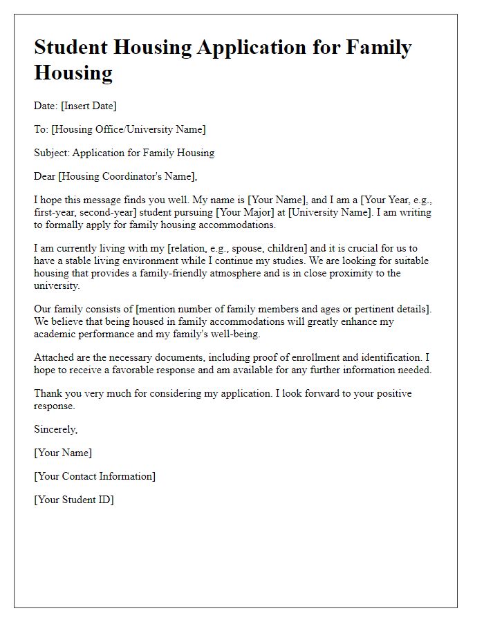 Letter template of student housing application for family housing.