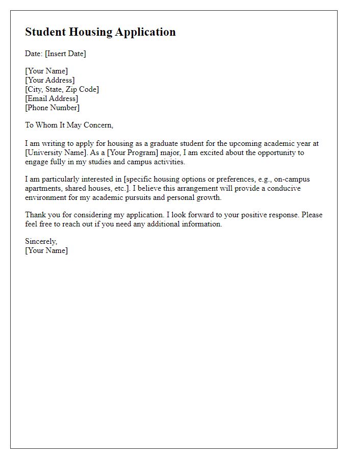 Letter template of student housing application for graduate students.