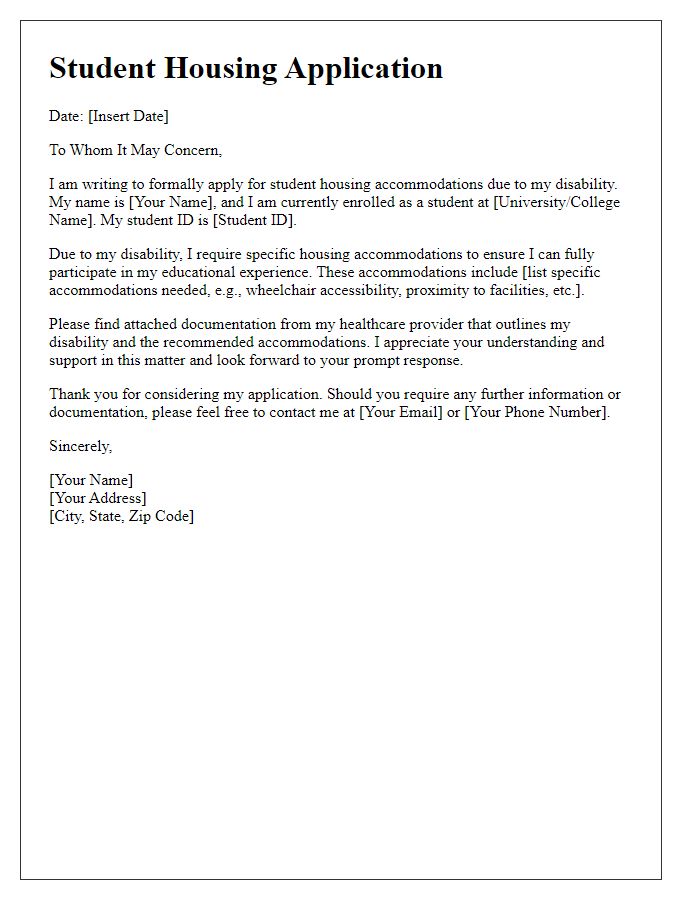 Letter template of student housing application for individuals with disabilities.