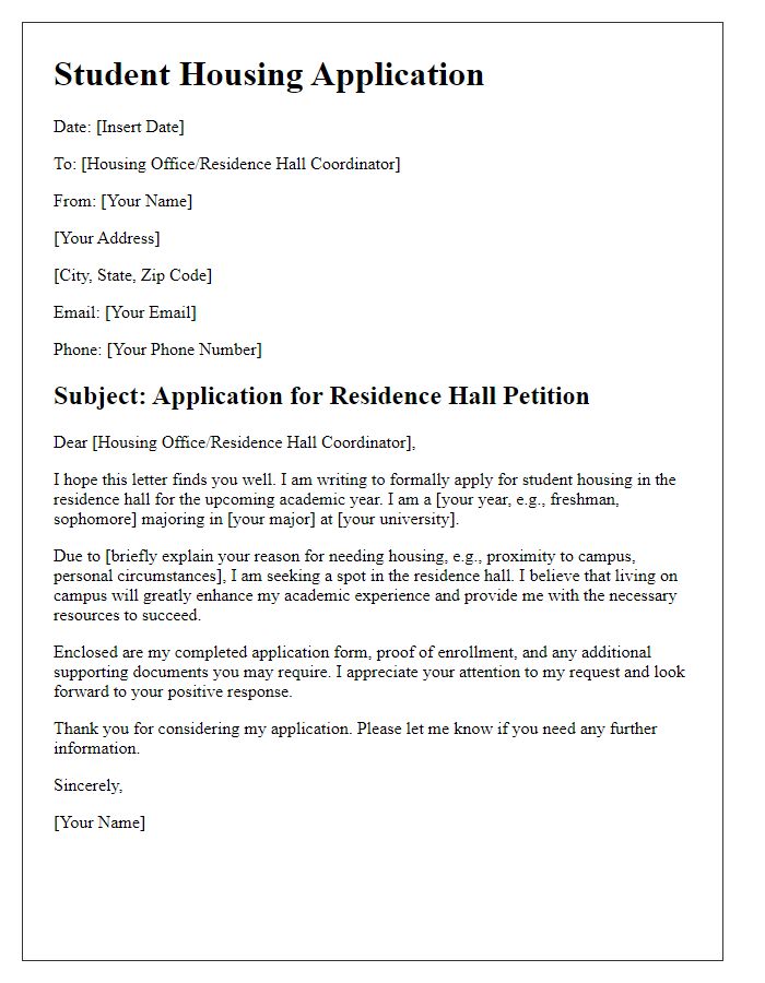 Letter template of student housing application for residence hall petitions.