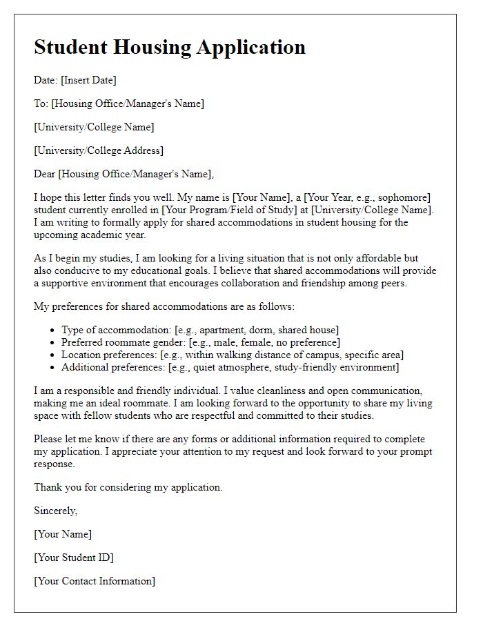 Letter template of student housing application for shared accommodations.