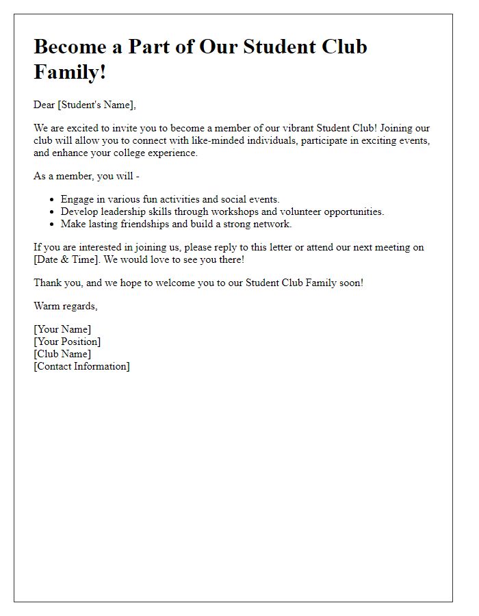 Letter template of Become a Part of Our Student Club Family