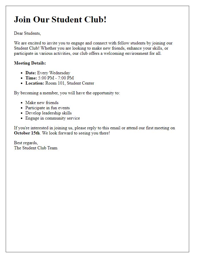 Letter template of Engage and Connect: Join Our Student Club