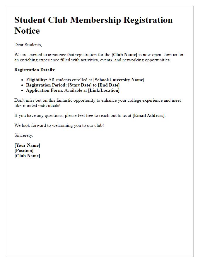 Letter template of Student Club Membership Registration Notice