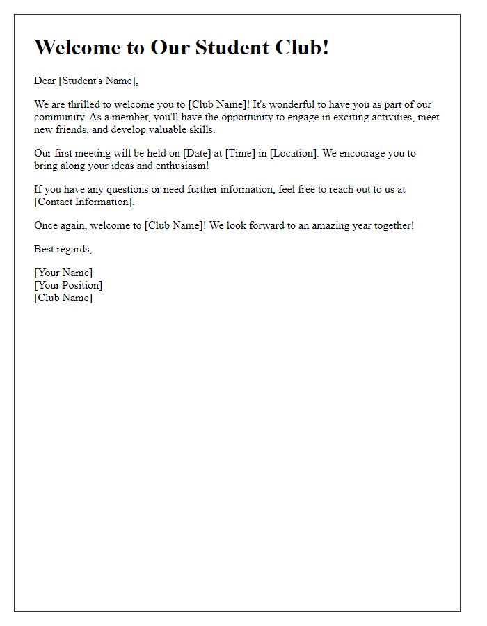 Letter template of Welcome to Join Our Student Club