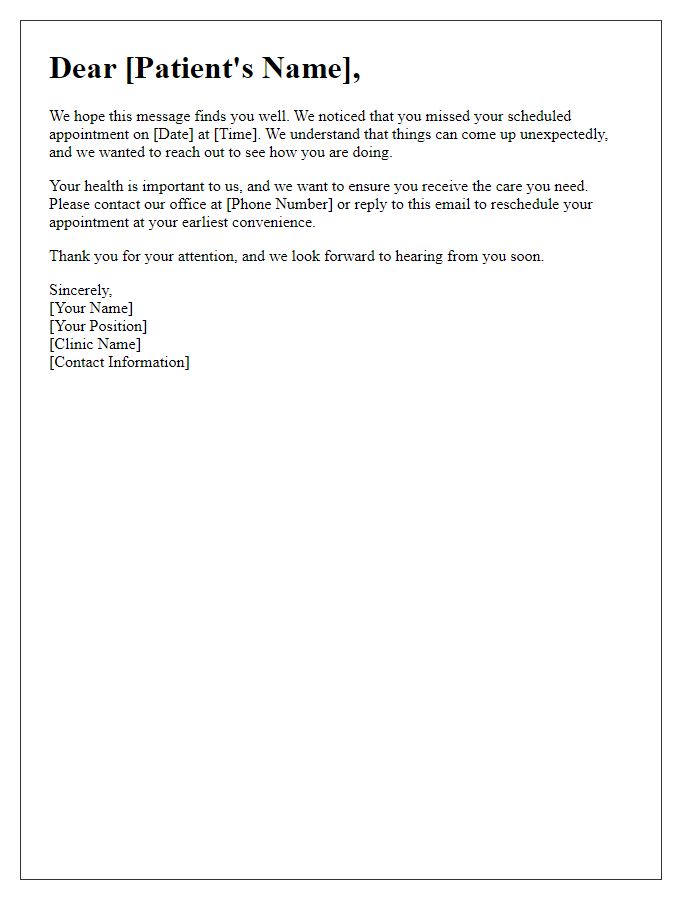 Letter template of missed appointment follow-up for patient care.