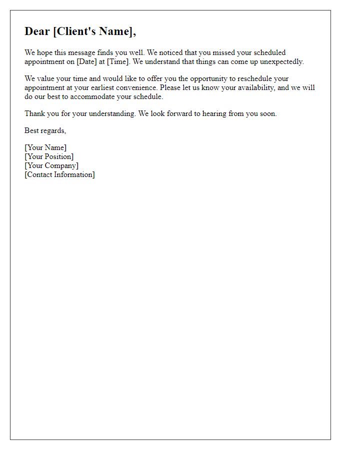 Letter template of missed appointment reminder for rescheduling.