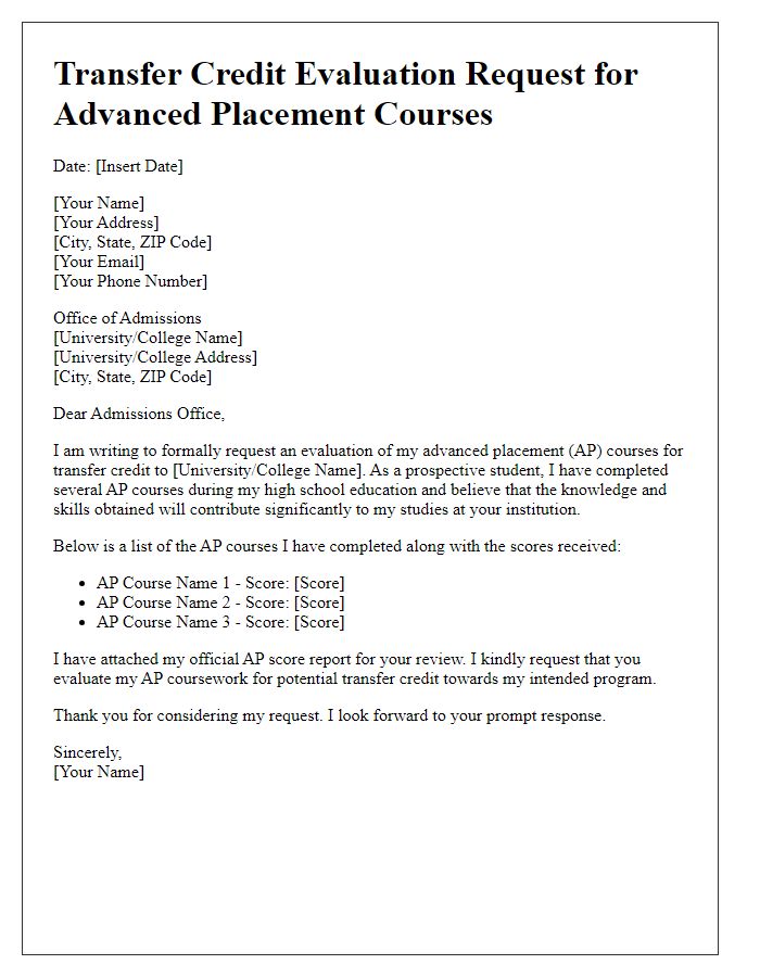 Letter template of Transfer Credit Evaluation Request for Advanced Placement Courses