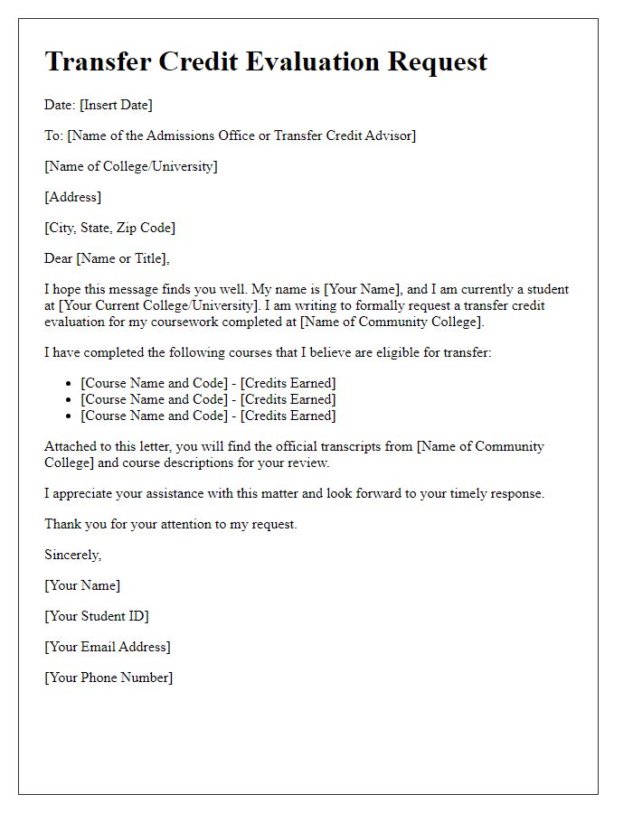 Letter template of Transfer Credit Evaluation Request for Community College Credits